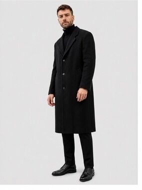 di Silver Men’s Black Wool Cashmere Blend Long Overcoat Size Large / 44 L